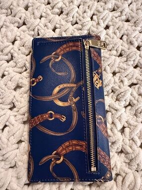 Ralph Lauren Navy Blue Leather Zip Wallet with Brown Equestrian Print